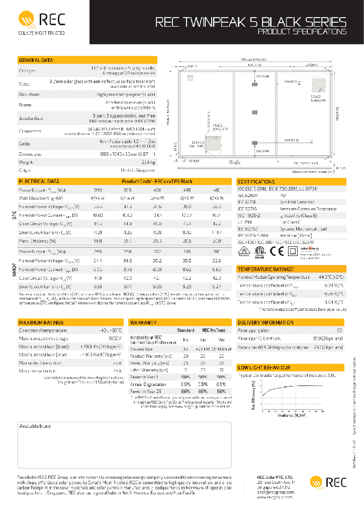 REC Twin Peak 5 Solar Panel, 405W